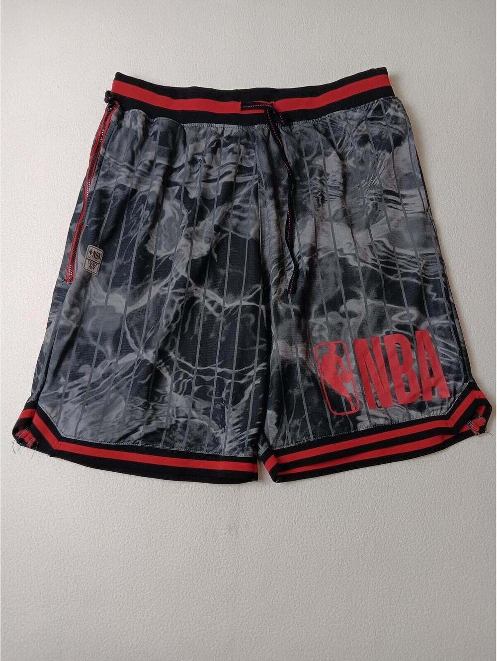 NBA Basketball Shorts Mens XL Gray Black Red Allover Print Logo Mesh NBA